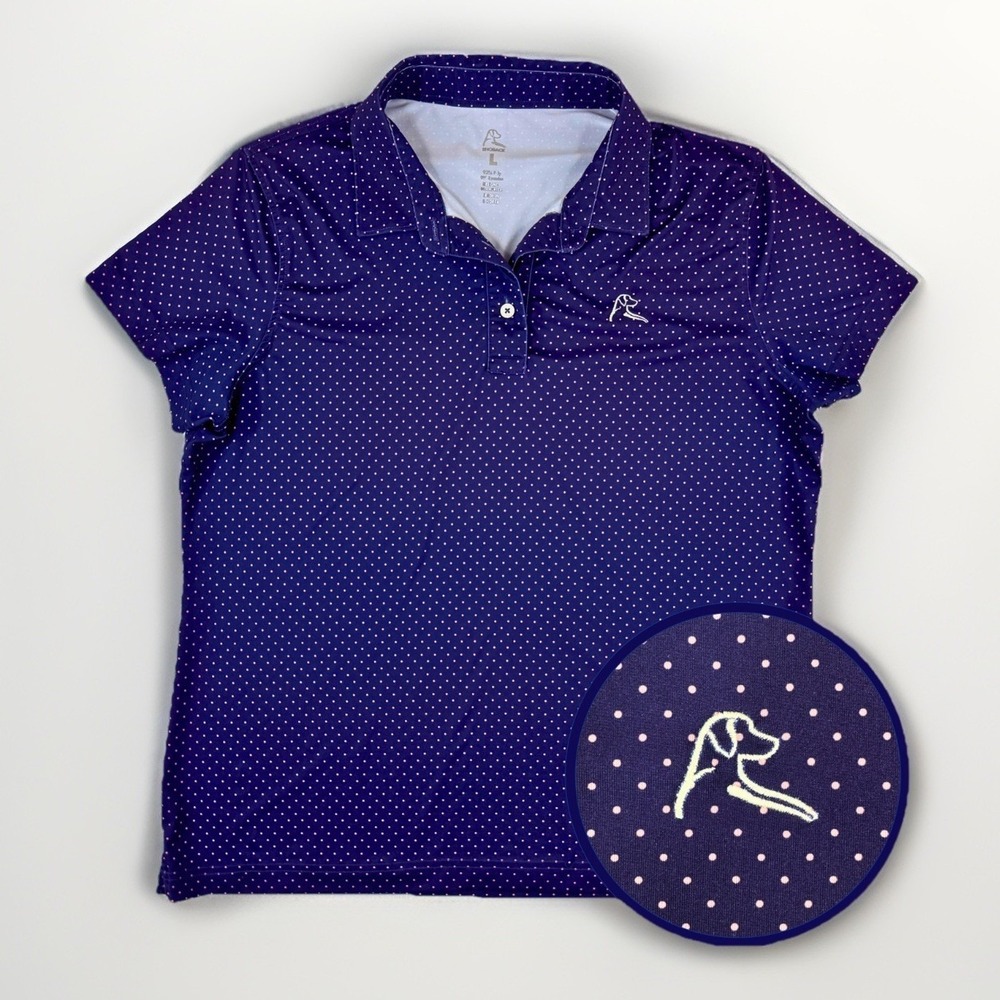 Rhoback Women's Performance Golf Polo Shirt Large Blue Pink Polka Dot Print Top